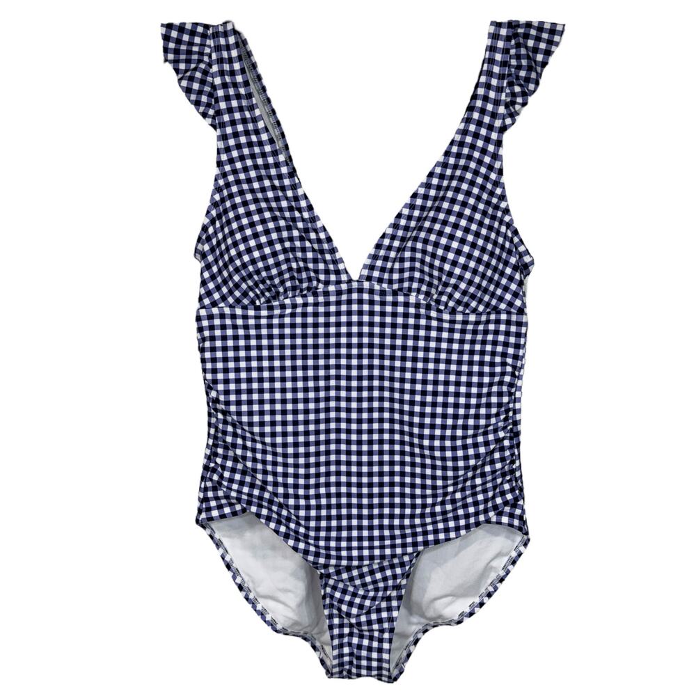 Kona Sol Large (12/14) Swim 1-Piece Ruffled Checked Padded Cup Lined Ruched Blue